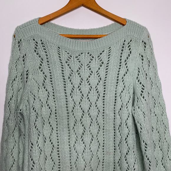 Loft women's pastel green wool blend crochet knit scalloped sweater top SZ XL - Picture 5 of 12